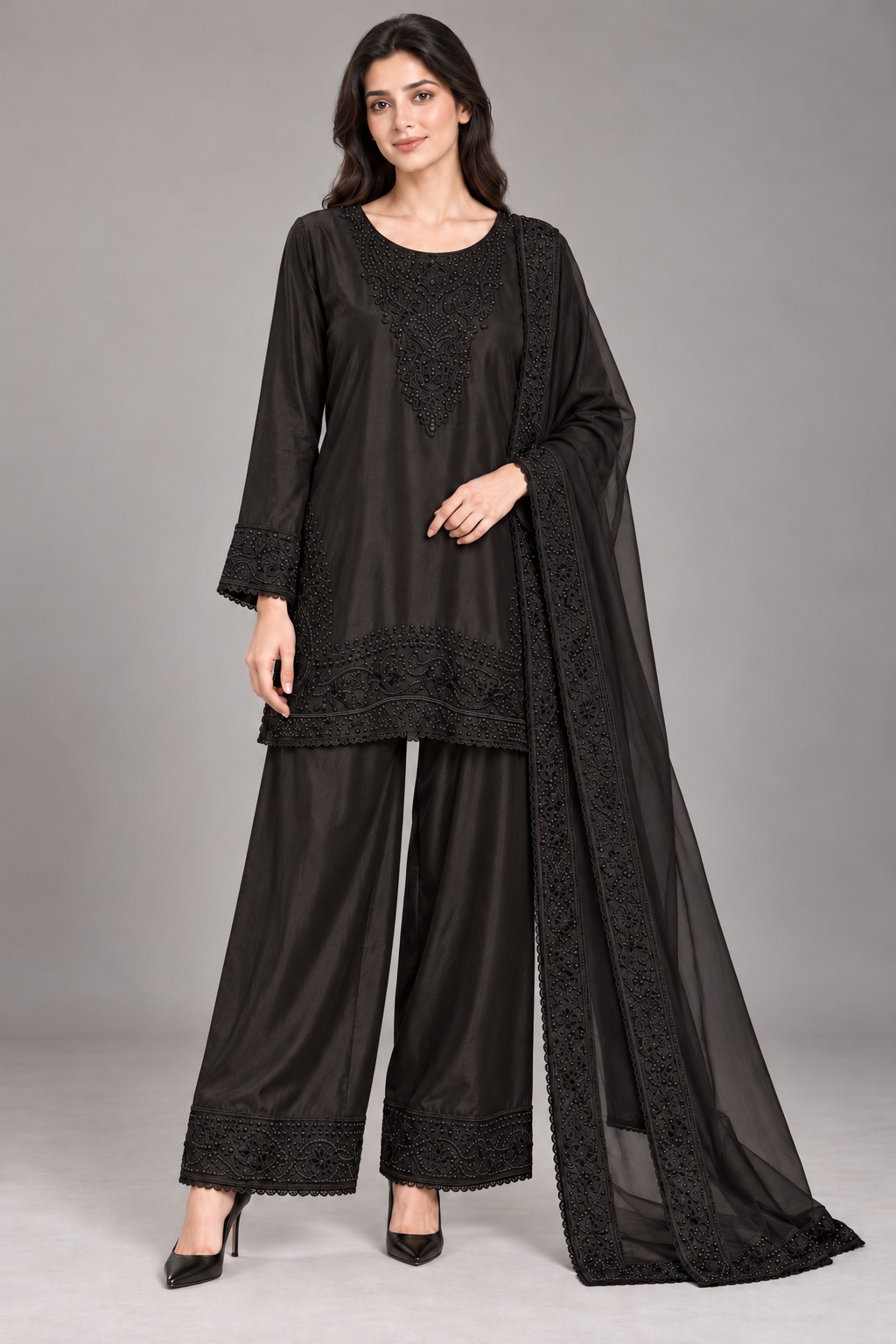 Black embroidered ensemble alternate view