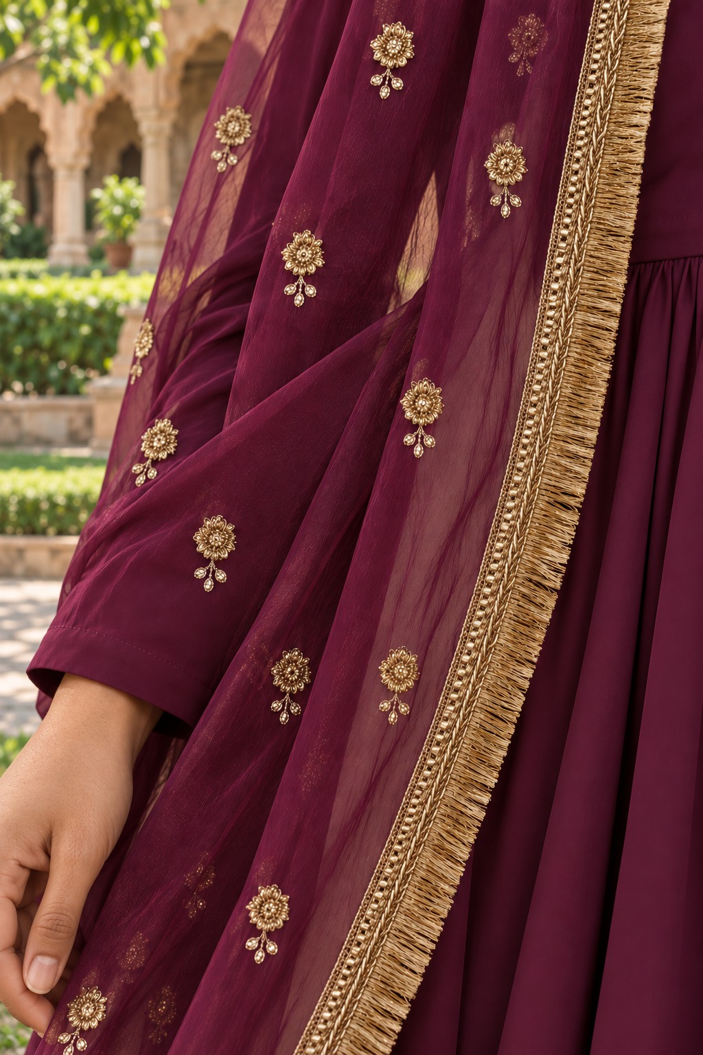 Embroidered burgundy formalwear by BJ by Nasrin Abubakar